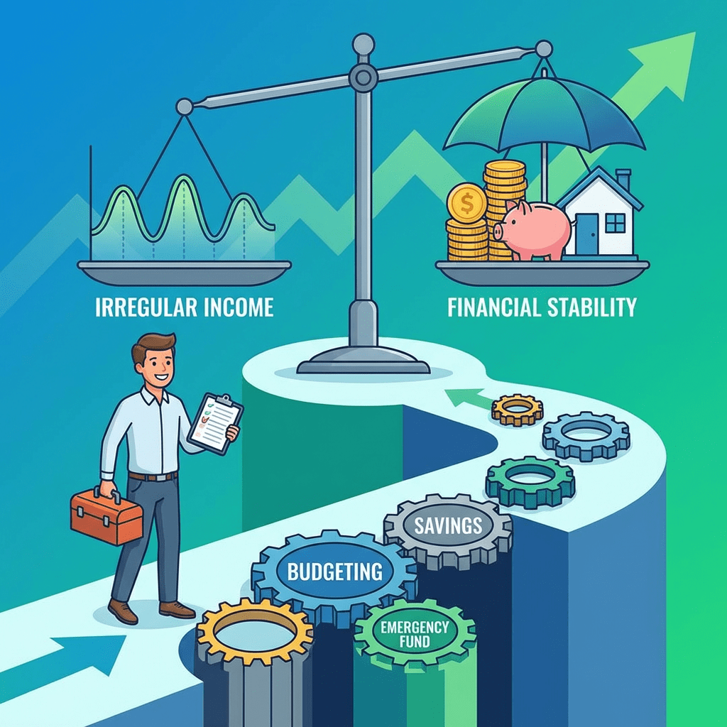 Illustration of a man walking on gears labeled budgeting, savings, and emergency fund toward a scale balancing irregular income and financial stability.