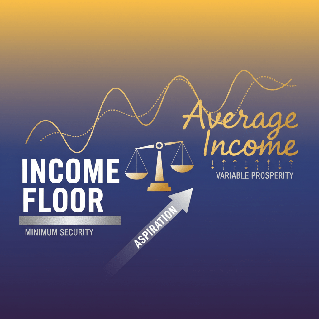 Infographic showing Income Floor, Minimum Security, Average Income, Variable Prosperity, and an Aspiration arrow.