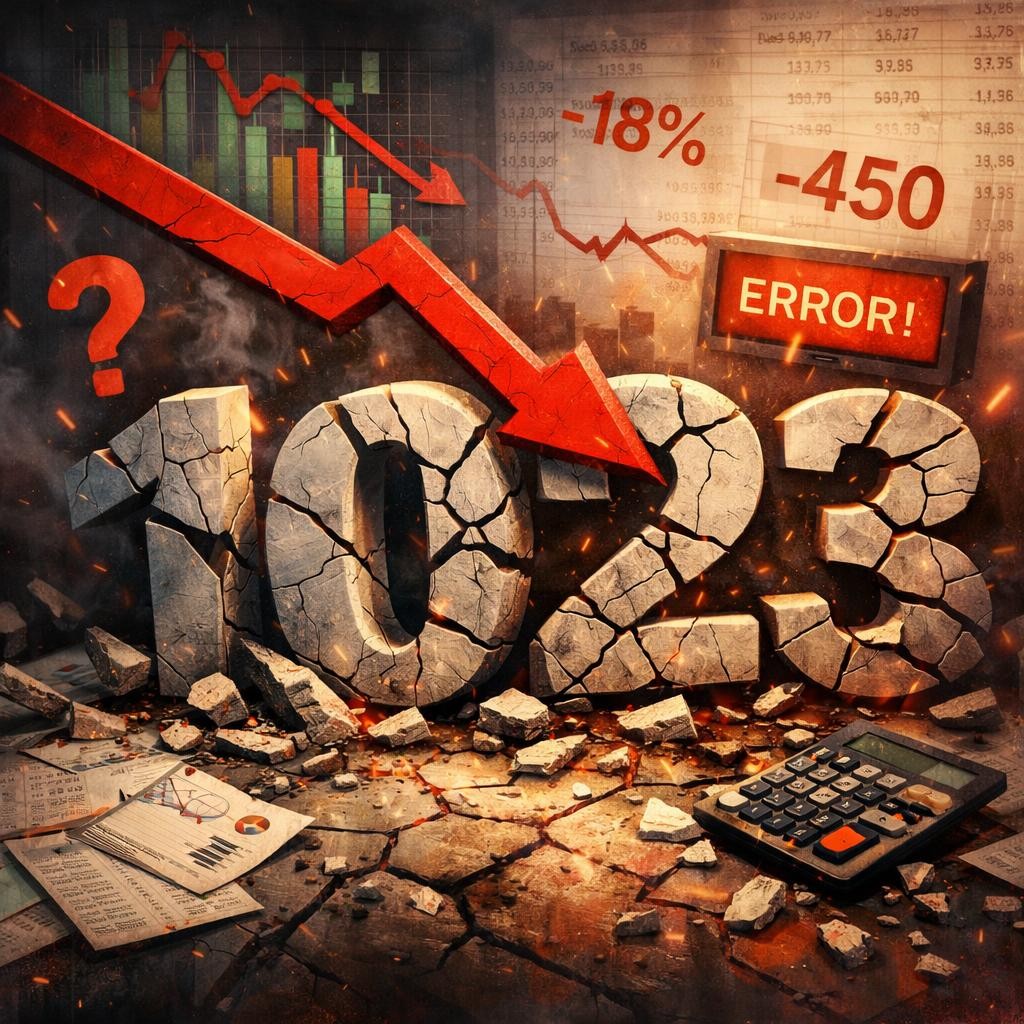 Cracked stone numbers 2023 with a large red downward arrow, error message, and scattered financial documents