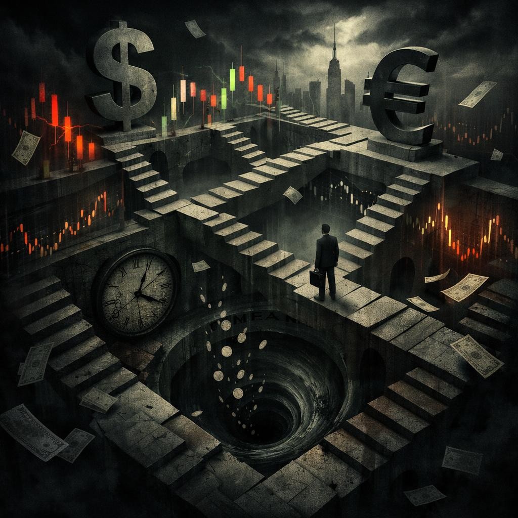 Businessman with briefcase on stair maze between large dollar and euro symbols with stock charts and money falling