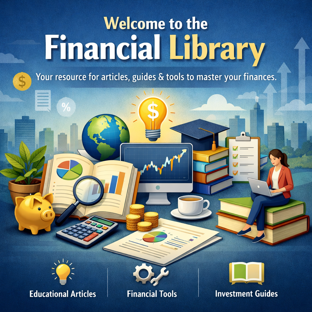 Illustration of financial learning resources including books, charts, calculator, coins, a piggy bank, a laptop, and a globe