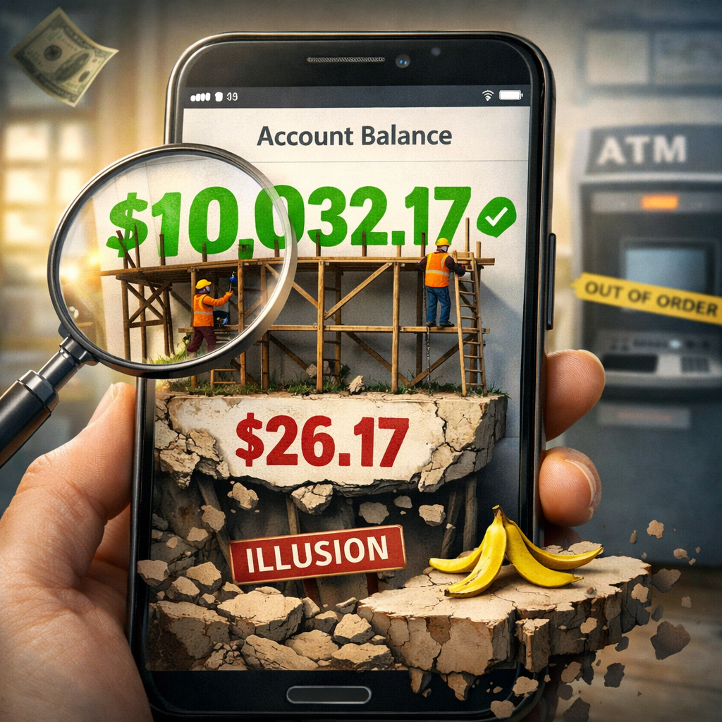 Smartphone screen displaying a large account balance of $10,032.17 with construction workers, and a hidden smaller balance of $26.17 labeled illusion