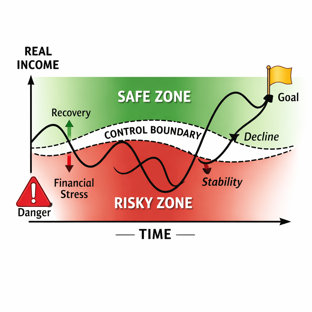 Graph showing real income over time with safe and risky zones divided by control boundary