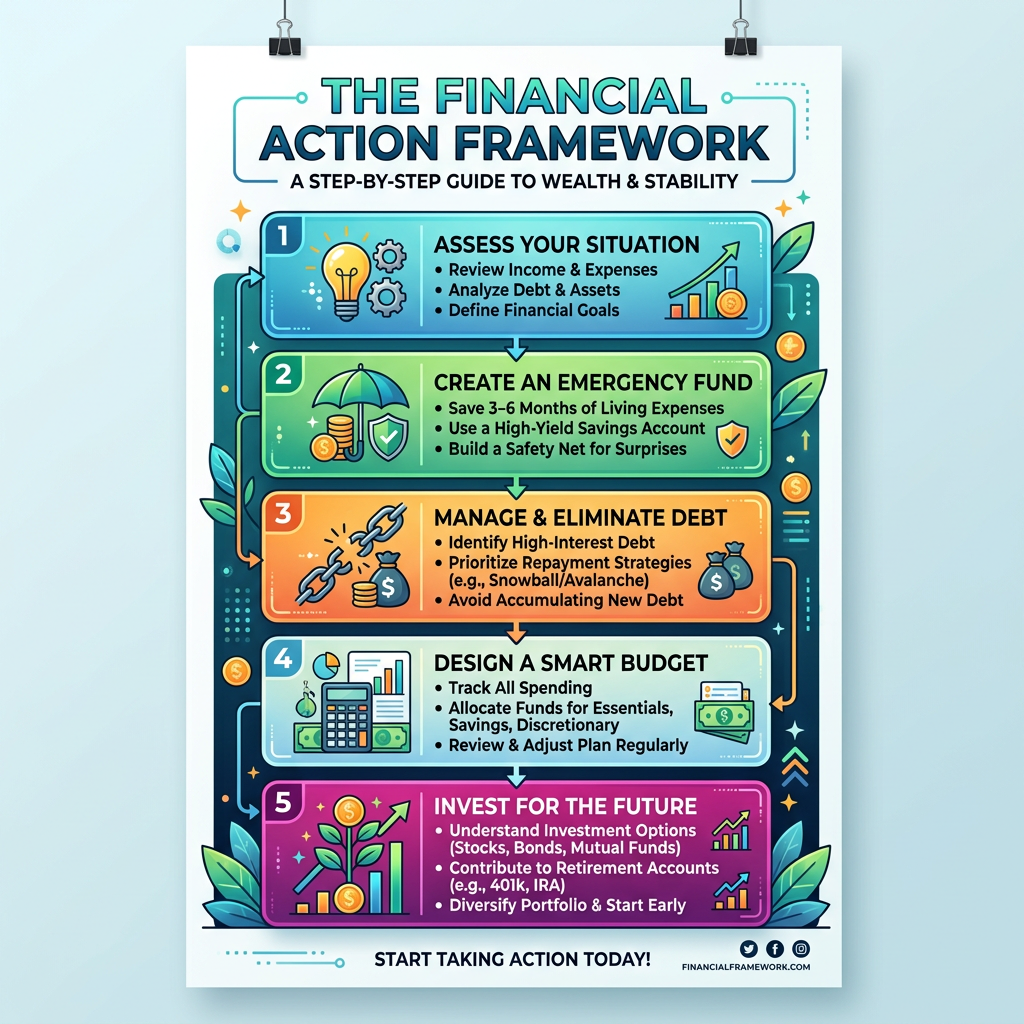 Infographic showing five steps for financial action: assess situation, create emergency fund, manage debt, design budget, invest for future.